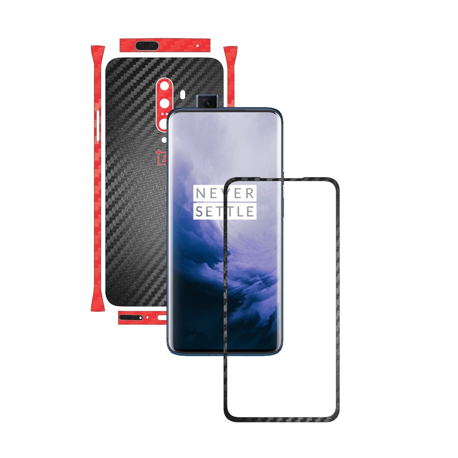 Folie Protectie Carbon Skinz pentru OnePlus 7T Pro, (5G) - Carbon Two Tone Negru / Rosu, Skin Adeziv Full Body Cover pentru Rama Ecran, Carcasa Spate si Laterale