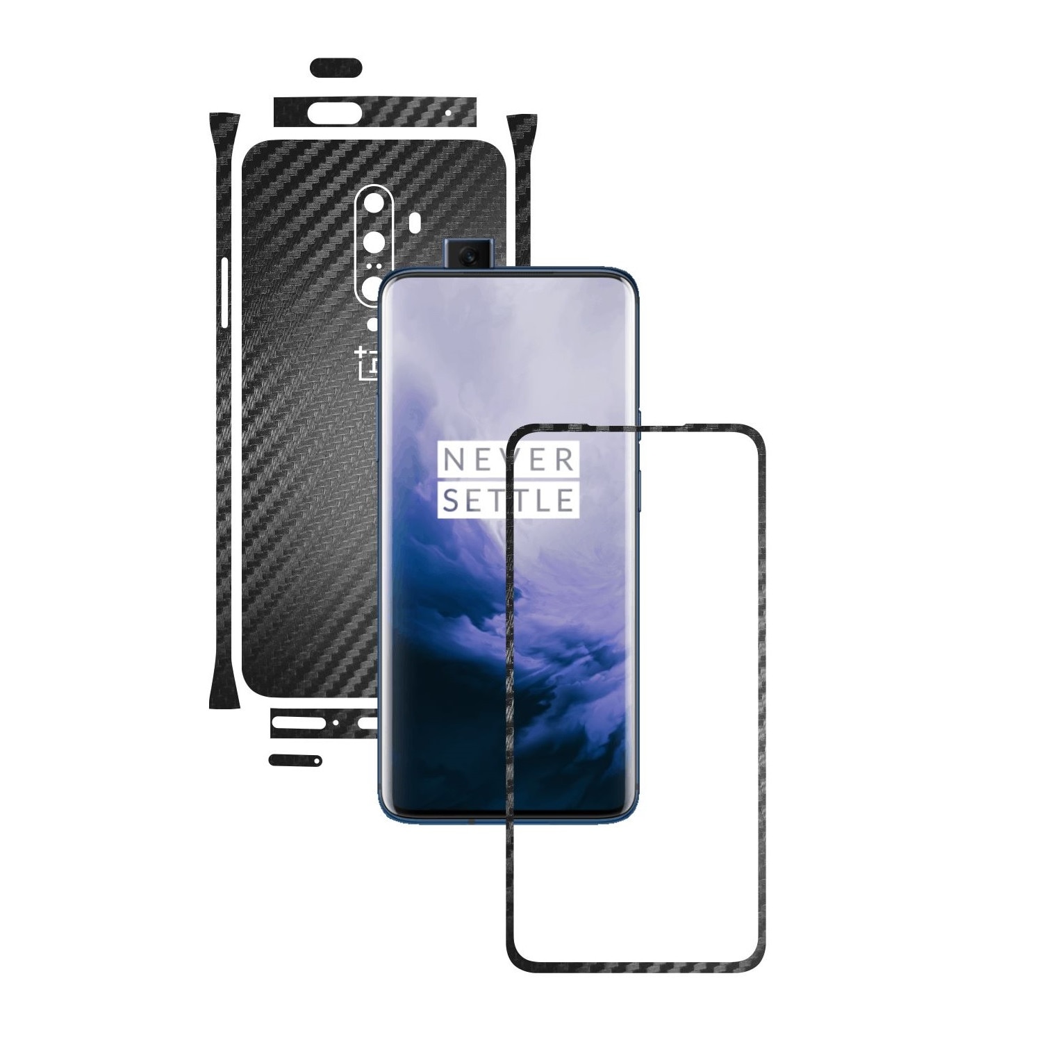 Folie Protectie Carbon Skinz pentru OnePlus 7T Pro, (5G) - Carbon Negru Split Cut, Skin Adeziv Full Body Cover pentru Rama Ecran, Carcasa Spate si Laterale