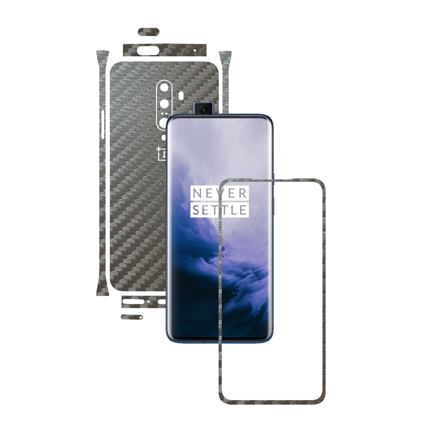 Folie Protectie Carbon Skinz pentru OnePlus 7T Pro, (5G) - Carbon Gri Argintiu Split Cut, Skin Adeziv Full Body Cover pentru Rama Ecran, Carcasa Spate si Laterale