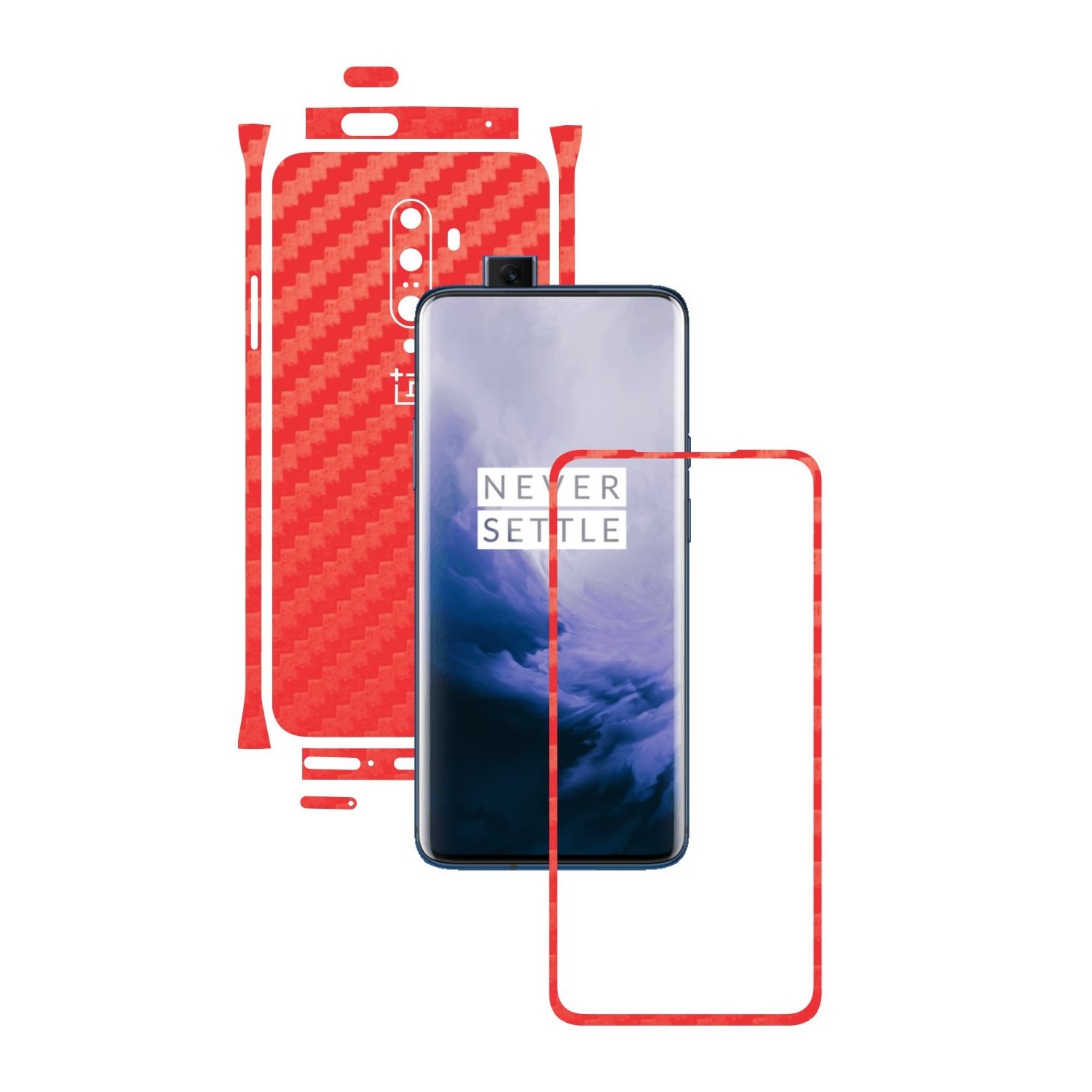 Folie Protectie Carbon Skinz pentru OnePlus 7T Pro, (5G) - Carbon Rosu Split Cut, Skin Adeziv Full Body Cover pentru Rama Ecran, Carcasa Spate si Laterale