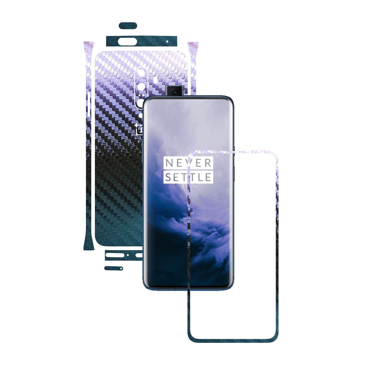Folie Protectie Carbon Skinz pentru OnePlus 7T Pro, (5G) - Carbon Cameleon Split Cut, Skin Adeziv Full Body Cover pentru Rama Ecran, Carcasa Spate si Laterale
