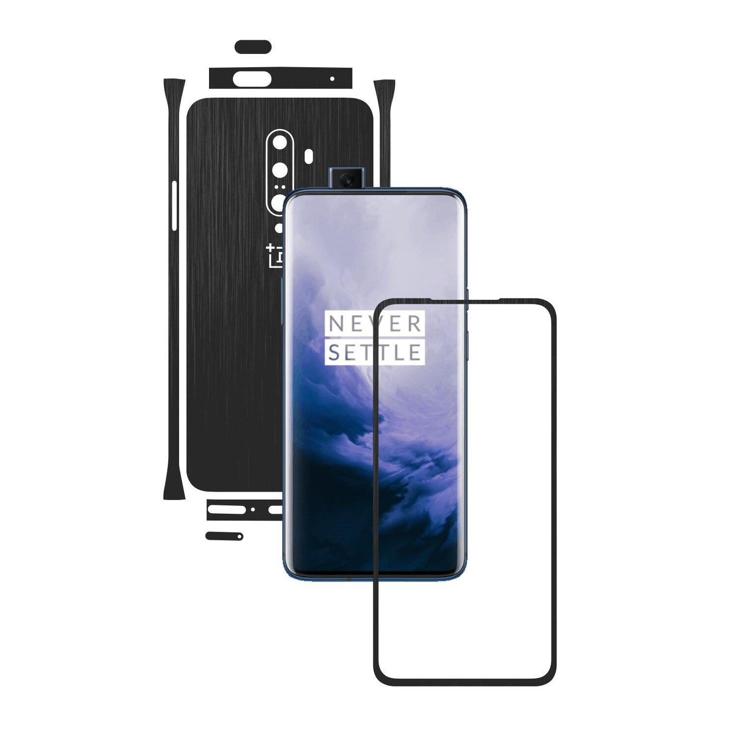 Folie Protectie Carbon Skinz pentru OnePlus 7T Pro, (5G) - Brushed Negru Split Cut, Skin Adeziv Full Body Cover pentru Rama Ecran, Carcasa Spate si Laterale