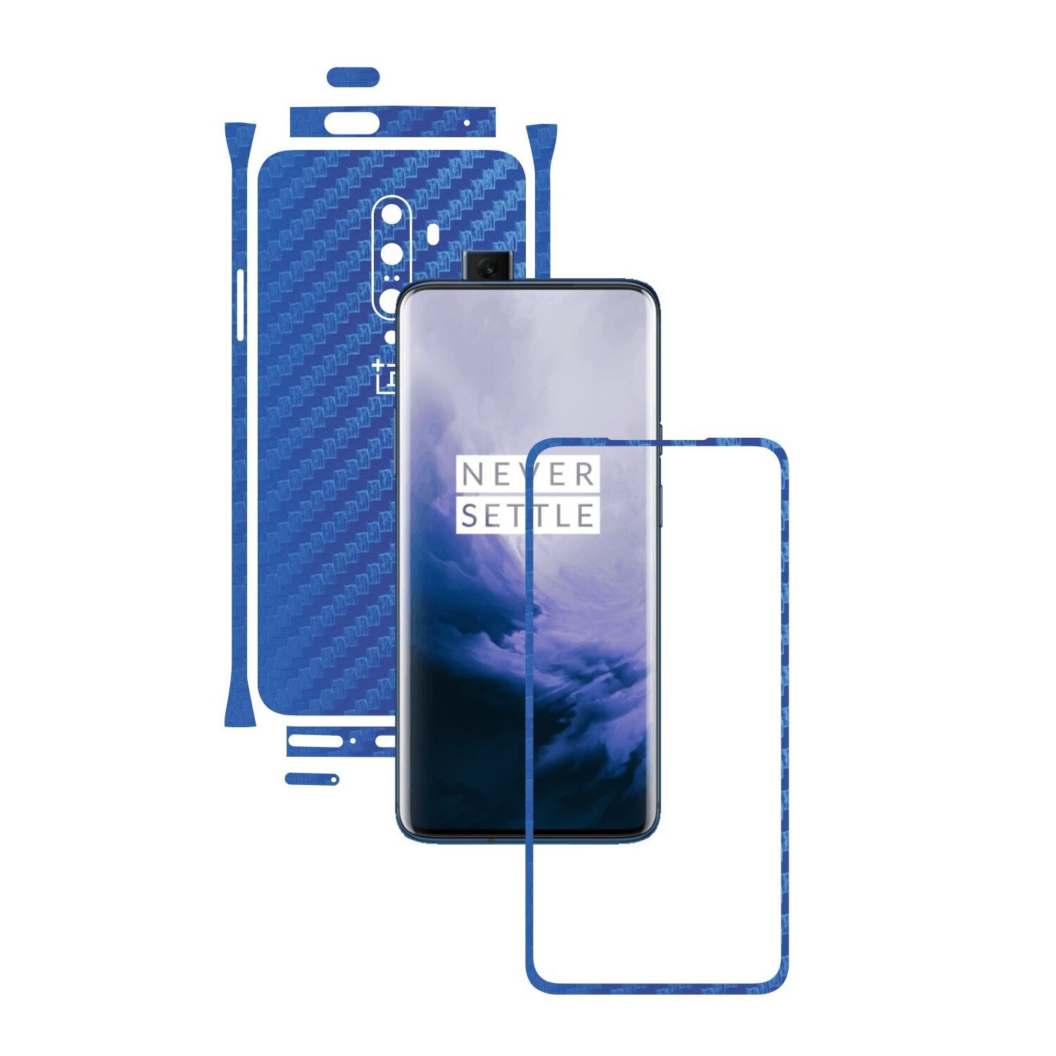 Folie Protectie Carbon Skinz pentru OnePlus 7T Pro, (5G) - Carbon Albastru Split Cut, Skin Adeziv Full Body Cover pentru Rama Ecran, Carcasa Spate si Laterale