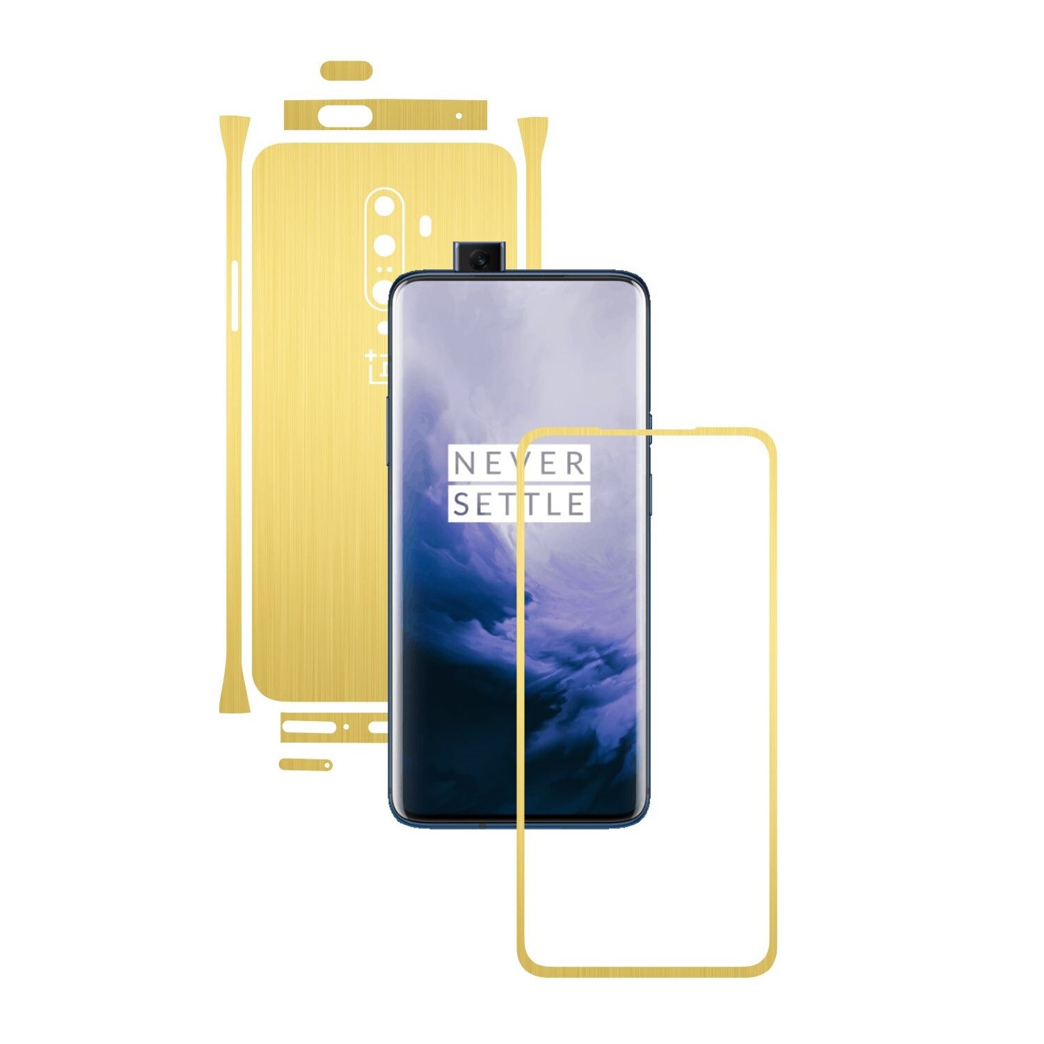 Folie Protectie Carbon Skinz pentru OnePlus 7T Pro, (5G) - Brushed Auriu Split Cut, Skin Adeziv Full Body Cover pentru Rama Ecran, Carcasa Spate si Laterale