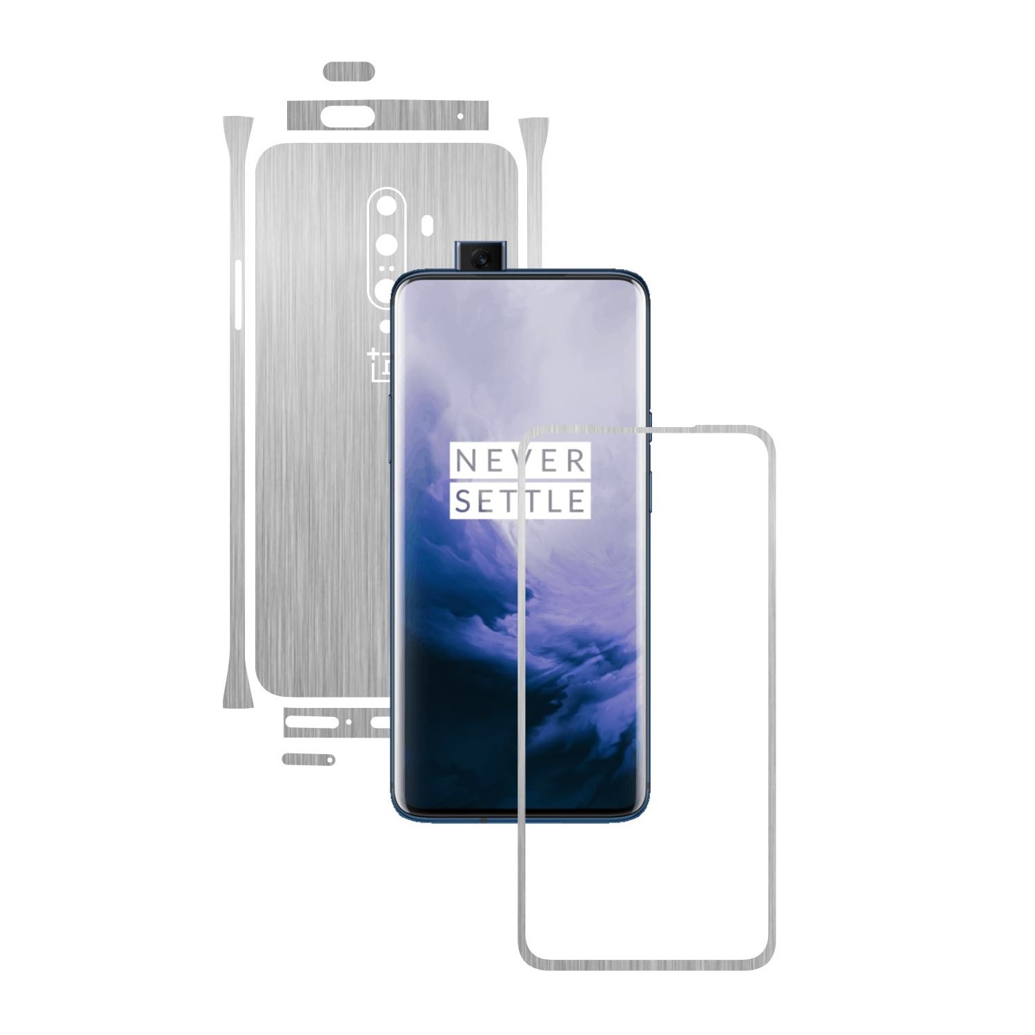 Folie Protectie Carbon Skinz pentru OnePlus 7T Pro, (5G) - Brushed Argintiu Split Cut, Skin Adeziv Full Body Cover pentru Rama Ecran, Carcasa Spate si Laterale