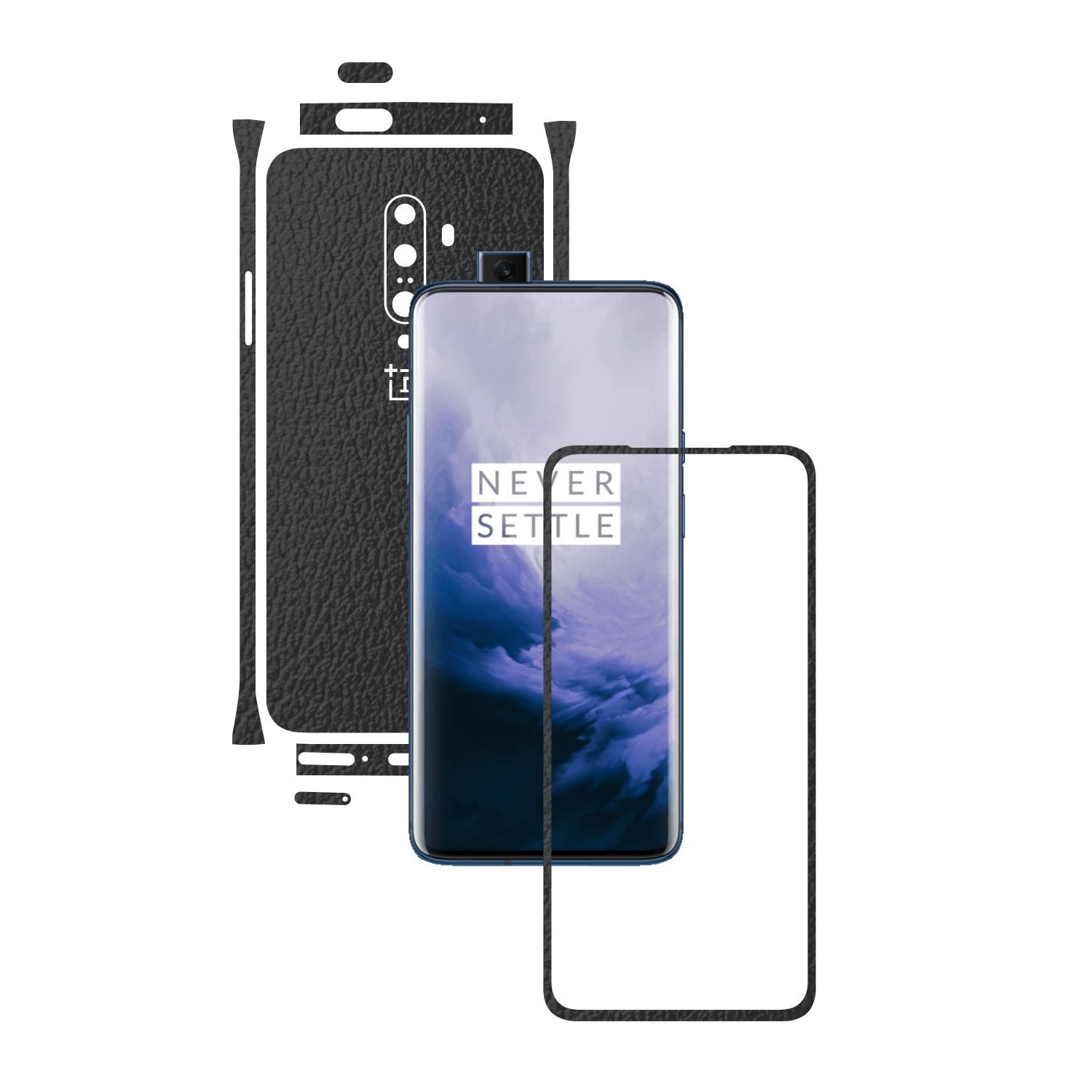 Folie Protectie Carbon Skinz pentru OnePlus 7T Pro, (5G) - Piele Neagra Split Cut, Skin Adeziv Full Body Cover pentru Rama Ecran, Carcasa Spate si Laterale
