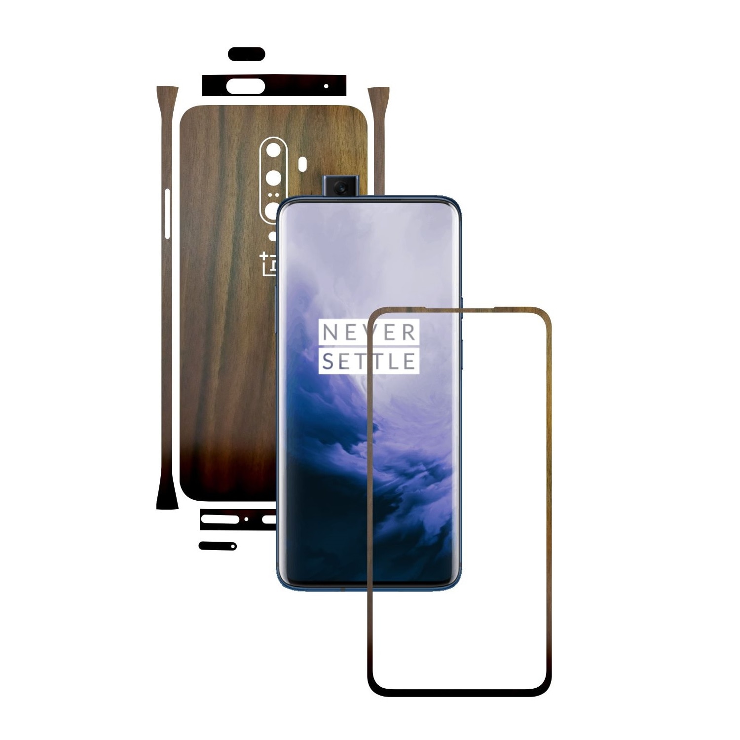 Folie Protectie Carbon Skinz pentru OnePlus 7T Pro, (5G) - Lemn Nuc Split Cut, Skin Adeziv Full Body Cover pentru Rama Ecran, Carcasa Spate si Laterale