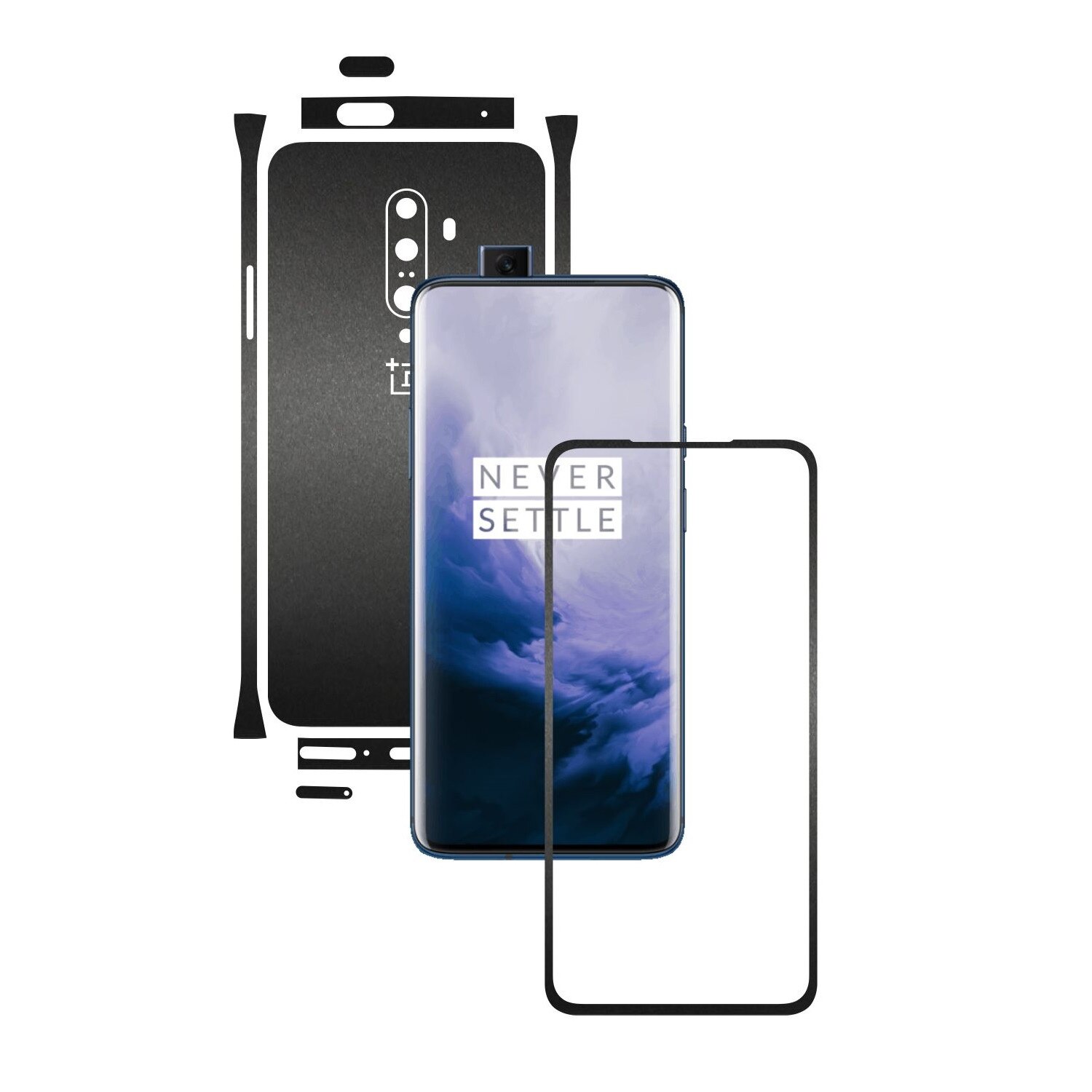 Folie Protectie Carbon Skinz pentru OnePlus 7T Pro, (5G) - Negru Mat Split Cut, Skin Adeziv Full Body Cover pentru Rama Ecran, Carcasa Spate si Laterale