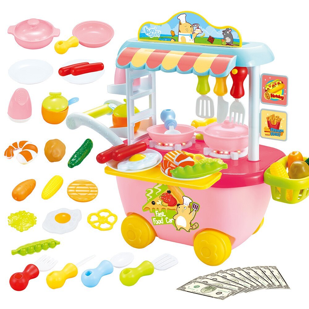 Set portabil de bucatarie pe roti, RayaLand, 34 accesorii, roz