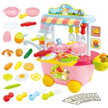 Set portabil de bucatarie pe roti, RayaLand, 34 accesorii, roz Set portabil de bucatarie pe roti, RayaLand, 34 accesorii, roz