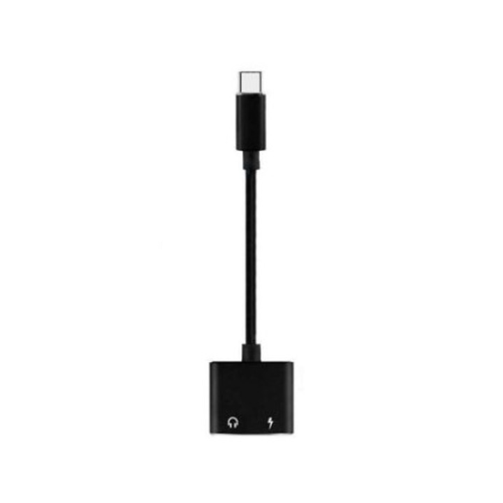 Adaptor 2 in 1, casti si charger, USB Type C, 3.5 mm jack, Splitter, Negru