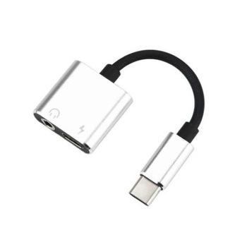 Adaptor 2 in 1, casti si charger, USB Type C, 3.5 mm jack, Splitter, Argintiu Adaptor 2 in 1, casti si charger, USB Type C, 3.5 mm jack, Splitter, Argintiu