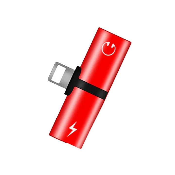 Адаптер 2 в 1 iPhone, iPad, Lightning, слушалки и зарядно, Сплитер, Червен