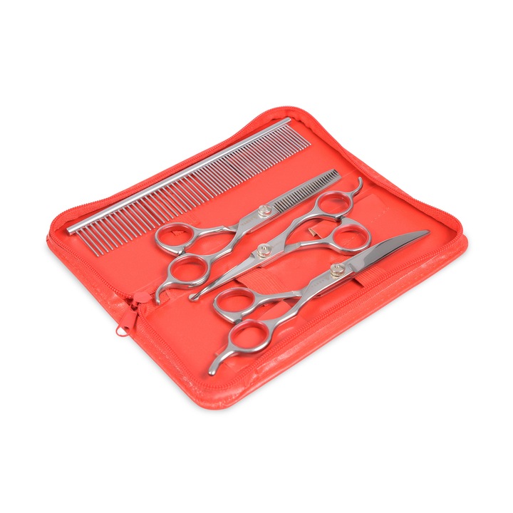 Set de 3 foarfeci profesionale + 1 pieptan pentru tuns animale, AEXYA, trusa piele rosie