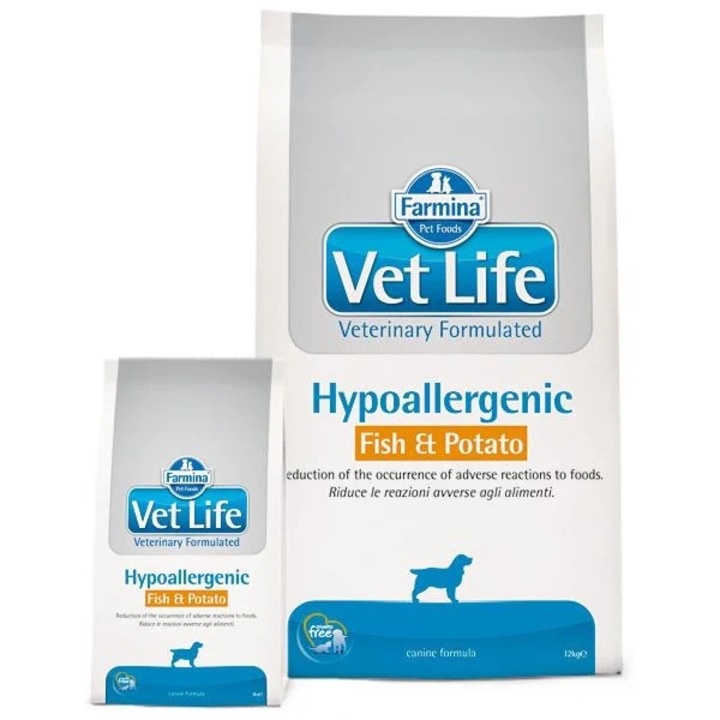 Hrana dietetica pentru caini, Vet Life Hypoallergenic cu Peste si Cartofi, 12 kg