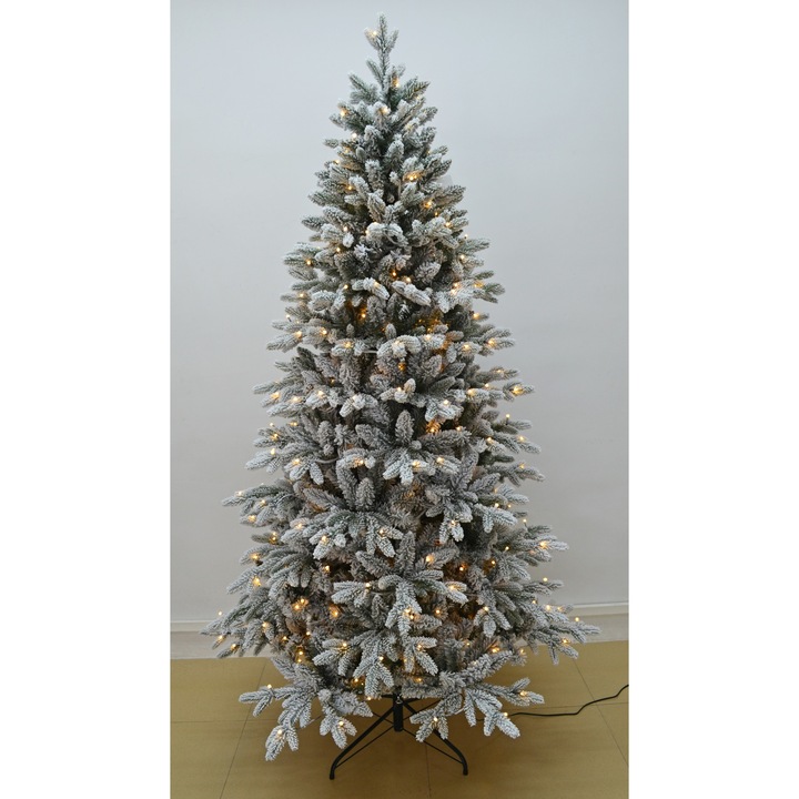 Brad artificial de Craciun cu zapada, Hoff, 350 LED-uri cu lumina calda, 210 cm, verde cu alb