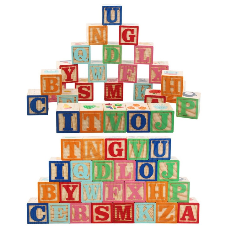 Cuburi din lemn cu litere si cifre Cuburi ABC 123, eduBEBE, N131 - eMAG.ro
