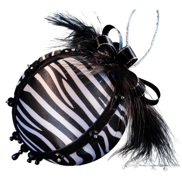 Glob de Lux de Craciun design by Neli Chiu, serie limitata, 12 cm, animal print argintiu cu pene negre