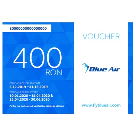 Voucher in valoare de 400 RON, pentru achizitia biletelor de avion Blue Air, pentru zboruri interne sau externe