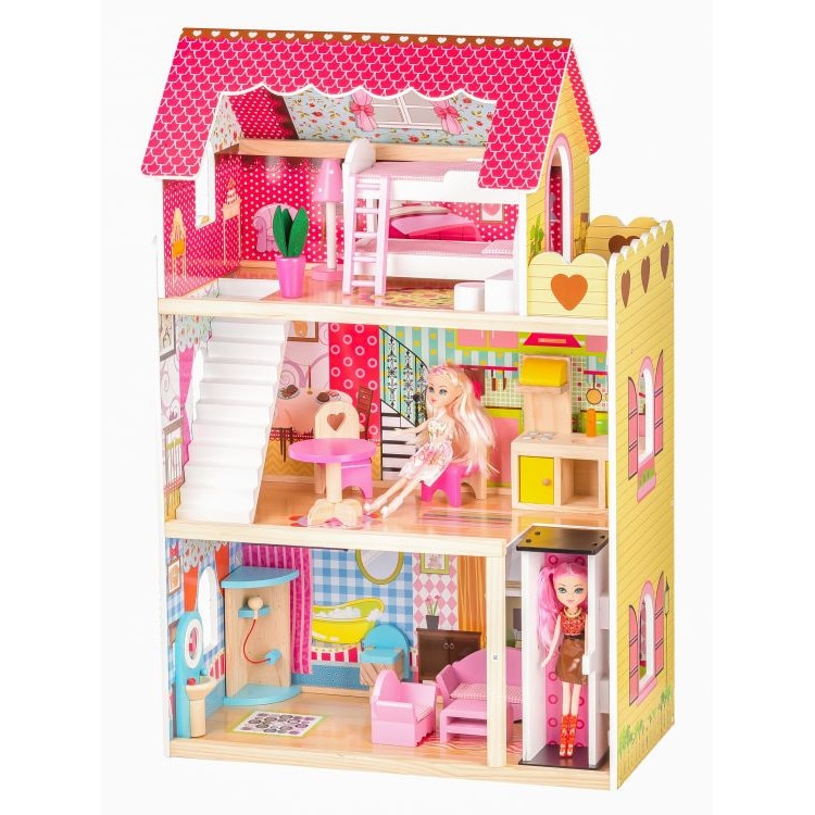 Casuta de papusi din lemn natural fara margini ascutite, 