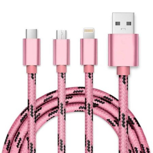 Cablu de date 3in1 Lightning micro USB Type-C, pentru iPhone, Samsung, Huawei, Roz