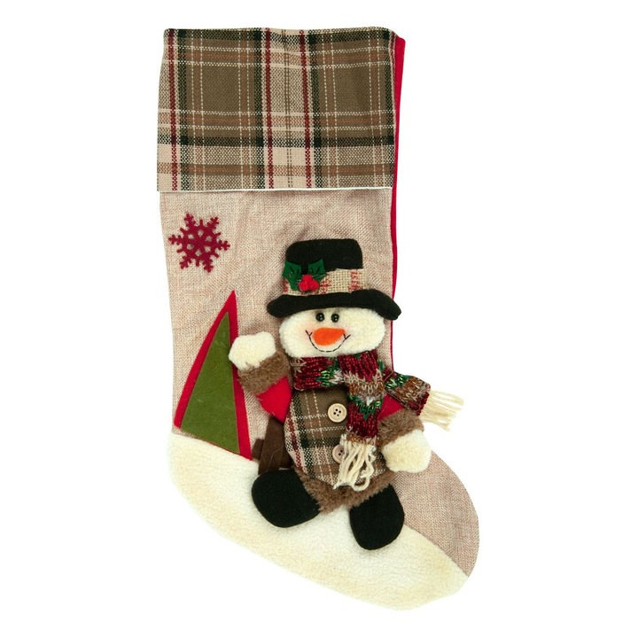 Dekoratív karácsonyi csizma, hópehely mintás kockákkal, 46 cm, bézs/fehér