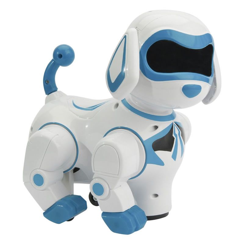 Robotul cainele interactiv cu intelingenta artificiala, alb si albastru, care danseaza, se misca,latra si reproduce diferite sunete
