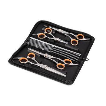 Set de 4 foarfeci profesionale + 1 pieptan pentru tuns animale, AEXYA, trusa piele neagra Set de 4 foarfeci profesionale + 1 pieptan pentru tuns animale, AEXYA, trusa piele neagra