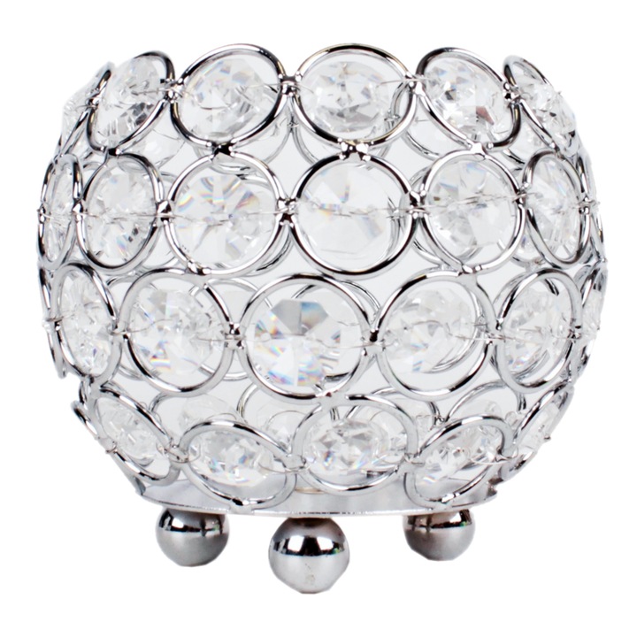 Коледна украса, елегантна сребърна украса за свещ, метал и стъкло, с 3 крачета, 10 см