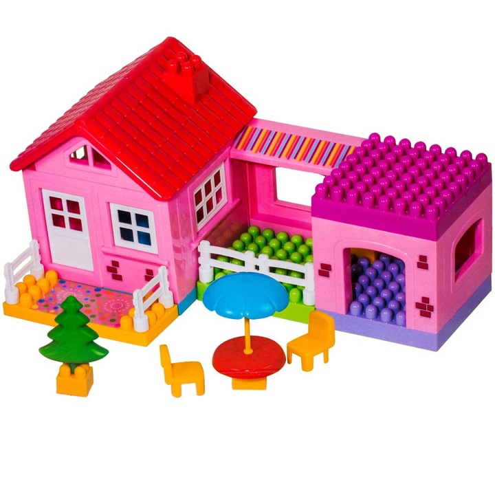 Set cuburi si caramizi pentru a construi o casa cu 26 de piese multicolore, ATS, pentru copii