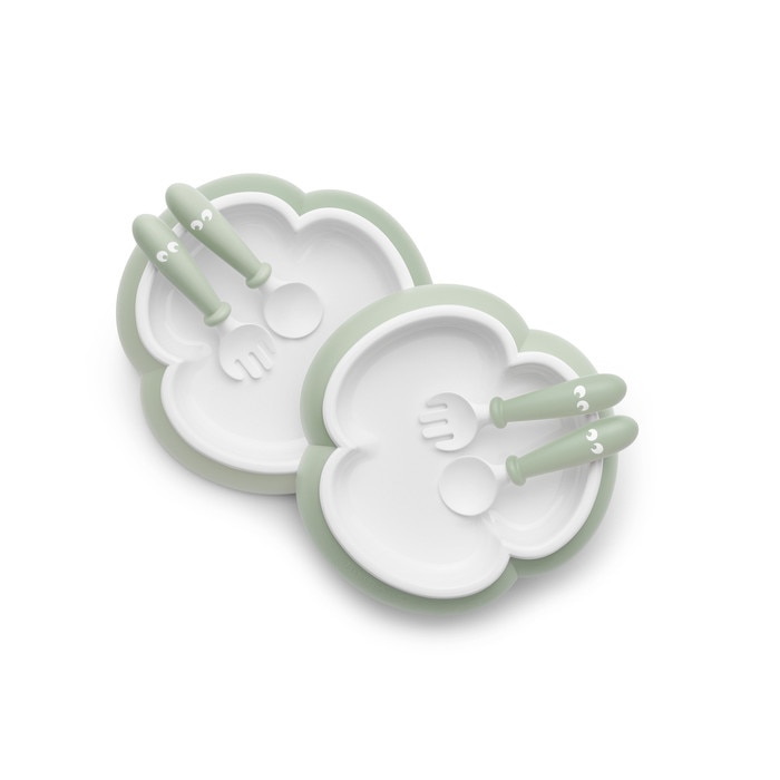 2 Seturi hranire: farfurie, lingurita si furculita pentru bebe, BabyBjorn, Powder Green