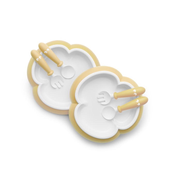 2 Seturi hranire: farfurie, lingurita si furculita pentru bebe, BabyBjorn, Powder Yellow