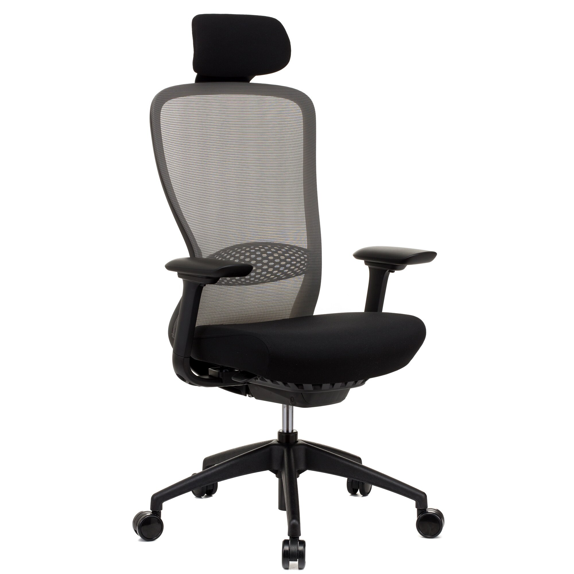 Scaun ergonomic QMOBILI VX HI Gri, sezut stofa, spatar mesh, mecanism syncron - wire, suport lombar reglabil, brate 4D, sezut translabil, tetiera, baza PP, role gumate