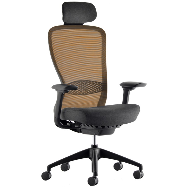 QMOBILI VX HI Narancssárga ergonomikus szék, szövet ülőlap, mesh háttámla, szinkronmechanika – huzal, állítható deréktámasz, 4D karfa, csúszó ülés, fejtámla, PP csillagláb, gumírozott görgők