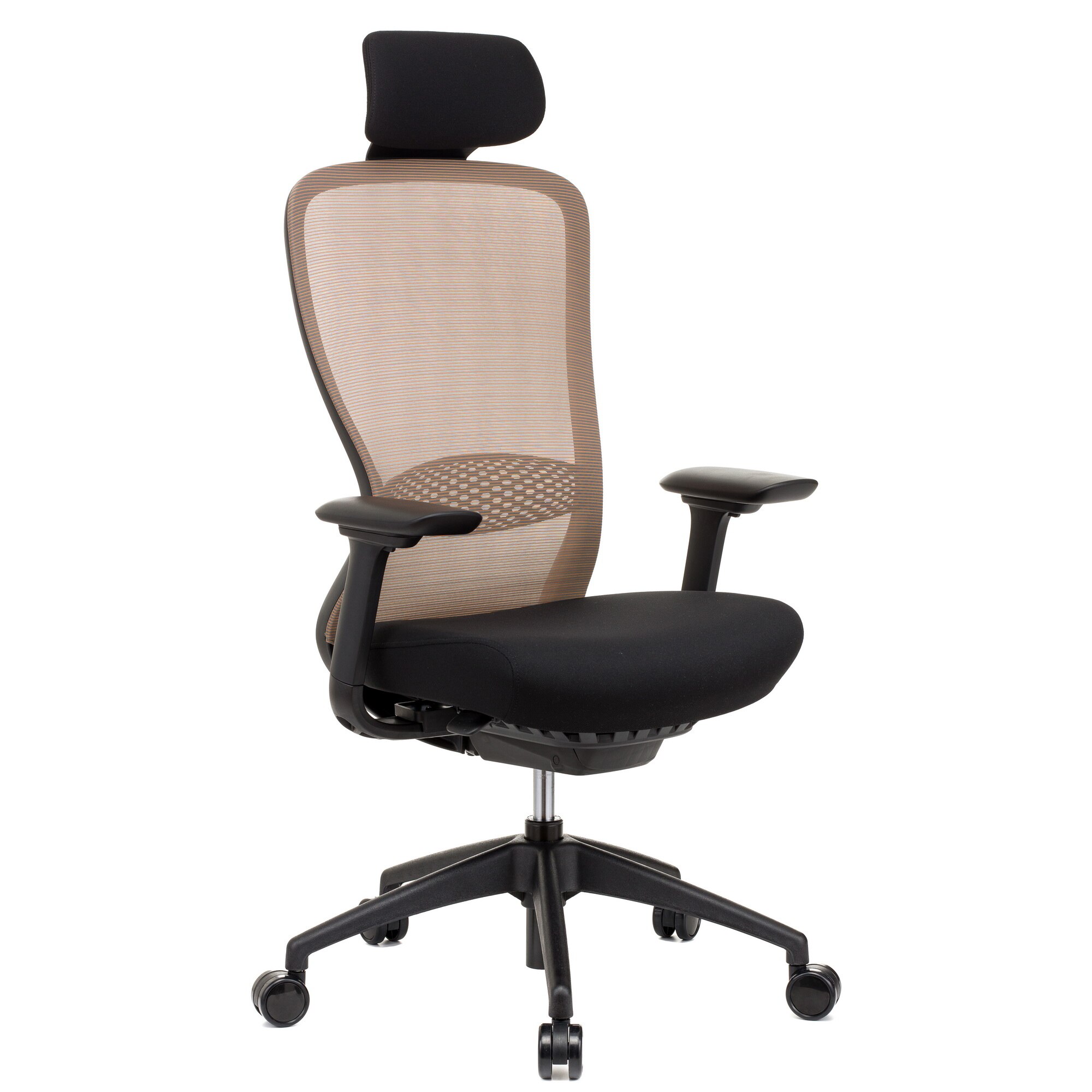 Scaun ergonomic QMOBILI VX HI Portocaliu, sezut stofa, spatar mesh, mecanism syncron - wire, suport lombar reglabil, brate 4D, sezut translabil, tetiera, baza PP, role gumate