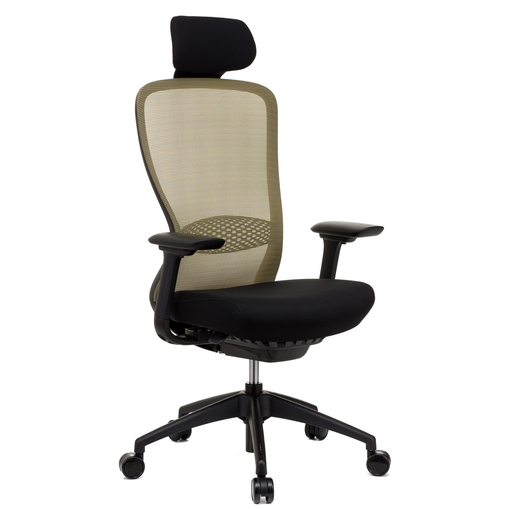 Scaun ergonomic QMOBILI VX HI Galben, sezut stofa, spatar mesh, mecanism syncron - wire, suport lombar reglabil, brate 4D, sezut translabil, tetiera, baza PP, role gumate