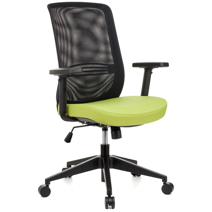 QMOBILI NEGE Zöld ergonomikus szék, szövet ülőlap, fekete mesh háttámla, hintamechanika, deréktámasz, állítható 1D karfa, polipropilén csillagláb