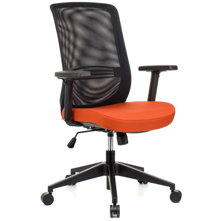 QMOBILI NEGE Narancssárga ergonomikus szék, szövet ülőlap, fekete mesh háttámla, hintamechanika, deréktámasz, állítható 1D karfa, polipropilén csillagláb