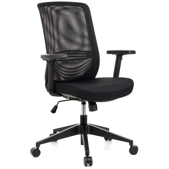 Ергономичен стол QMOBILI NEGE Black, седалка от плат, черна мрежеста облегалка, люлеещ механизъм, лумбална опора, 1D регулируеми подлакътници, полипропиленова основа