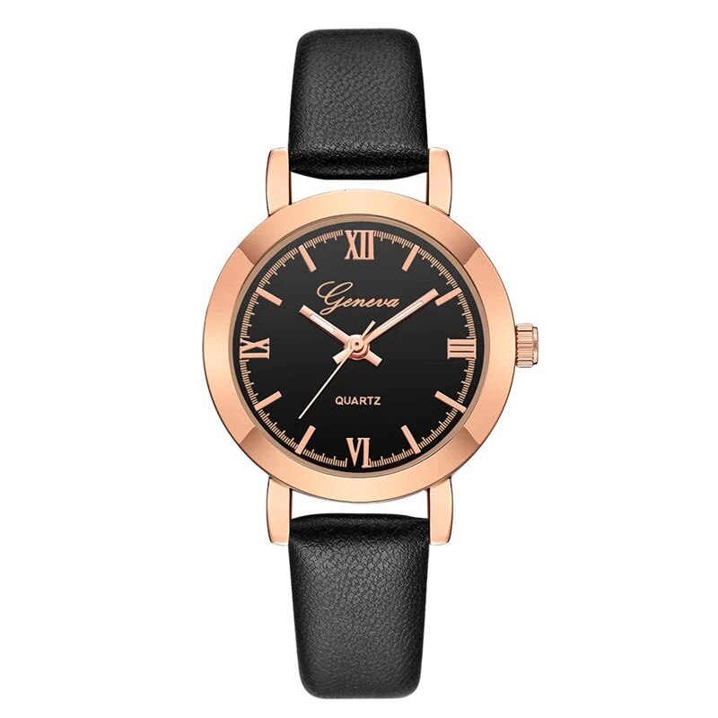 Ceas dama casual, Elegant Quartz Geneva model Premium G199-2 negru, curea piele, afisaj analog