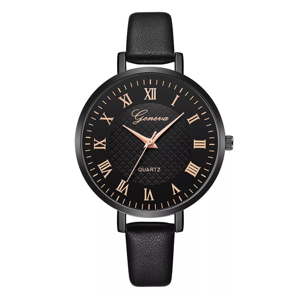 Ceas unisex casual, Elegant Quartz Geneva model Premium G198-5 negru, curea piele, afisaj analog
