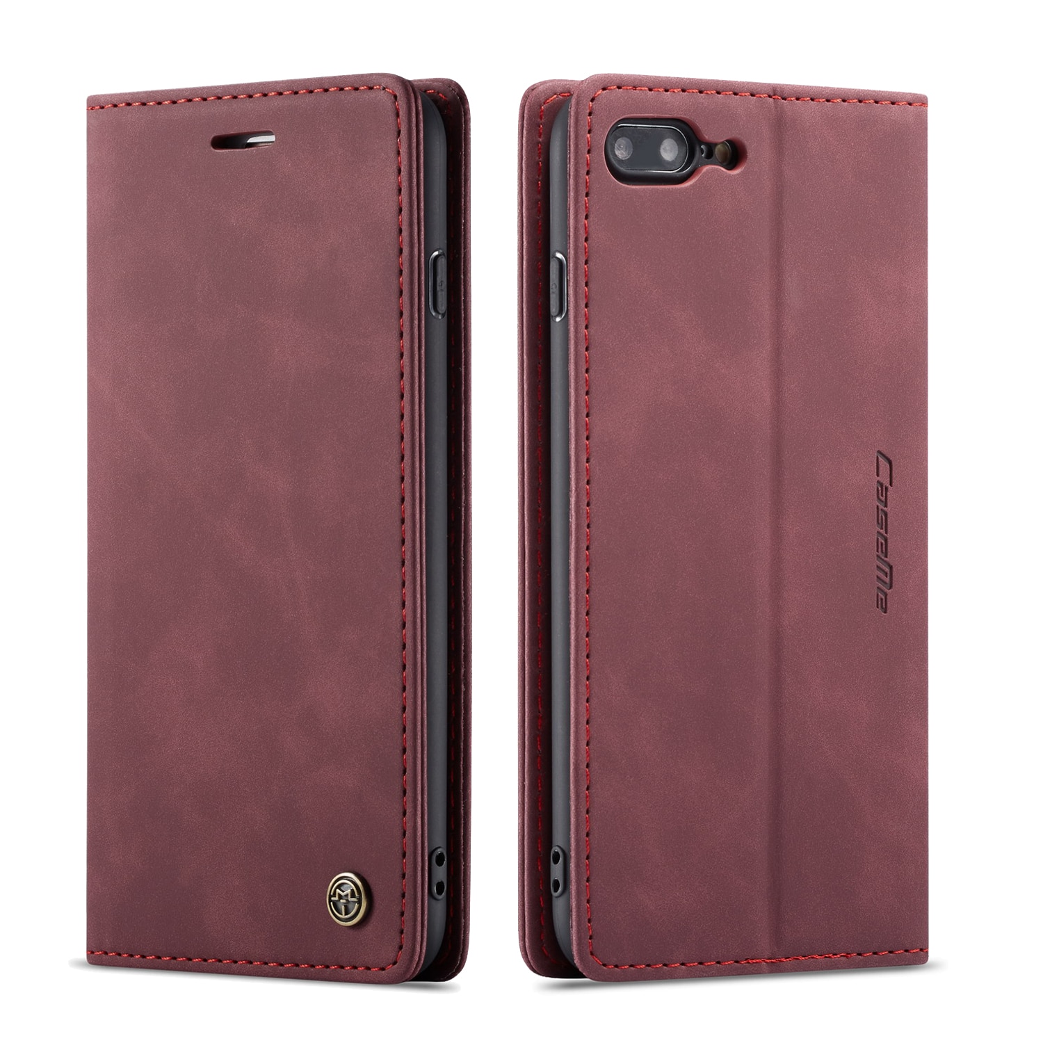 Husa iPhone 8 Plus, iPhone 7 Plus, CaseMe, slim piele, tip portofel, stand, inchidere magnetica, textura catifelata, culoare Visiniu