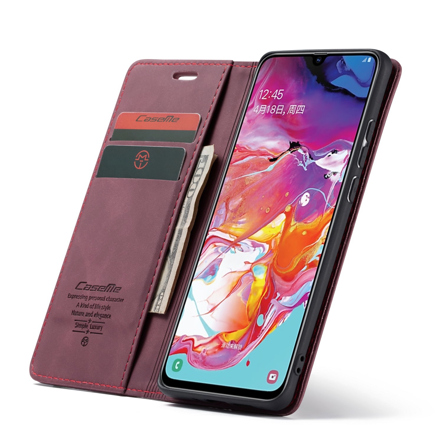 Husa slim piele, tip portofel, stand, inchidere magnetica, textura catifelata, pentru Samsung Galaxy A70, CaseMe, Visiniu