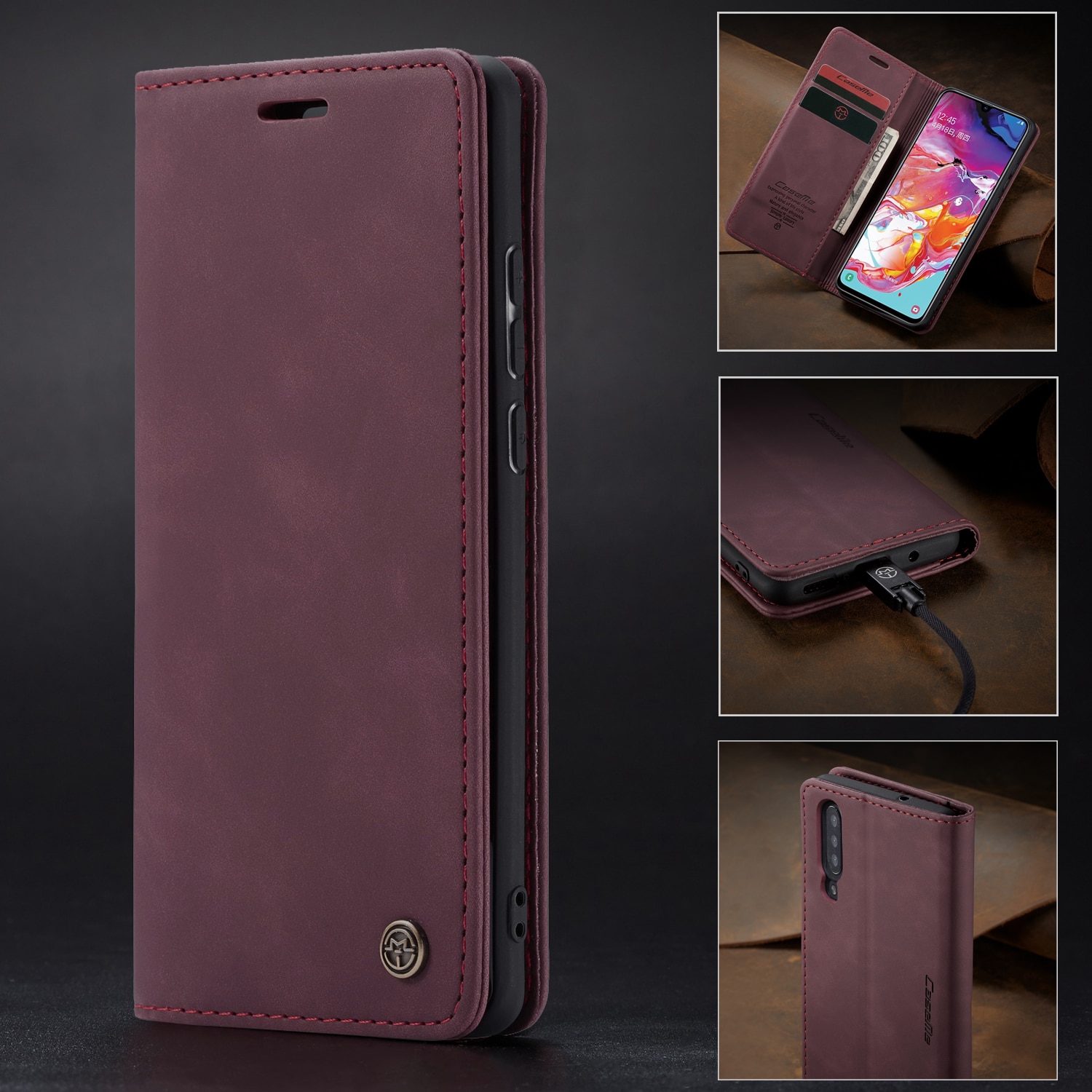 Husa slim piele, tip portofel, stand, inchidere magnetica, textura catifelata, pentru Samsung Galaxy A70, CaseMe, Visiniu