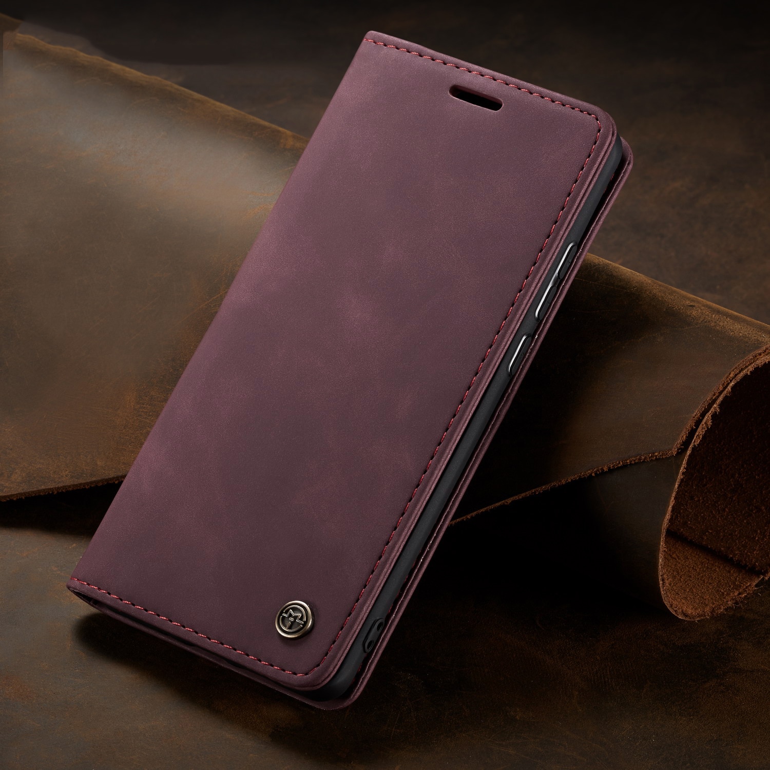 Husa slim piele, tip portofel, stand, inchidere magnetica, textura catifelata, pentru Samsung Galaxy A70, CaseMe, Visiniu