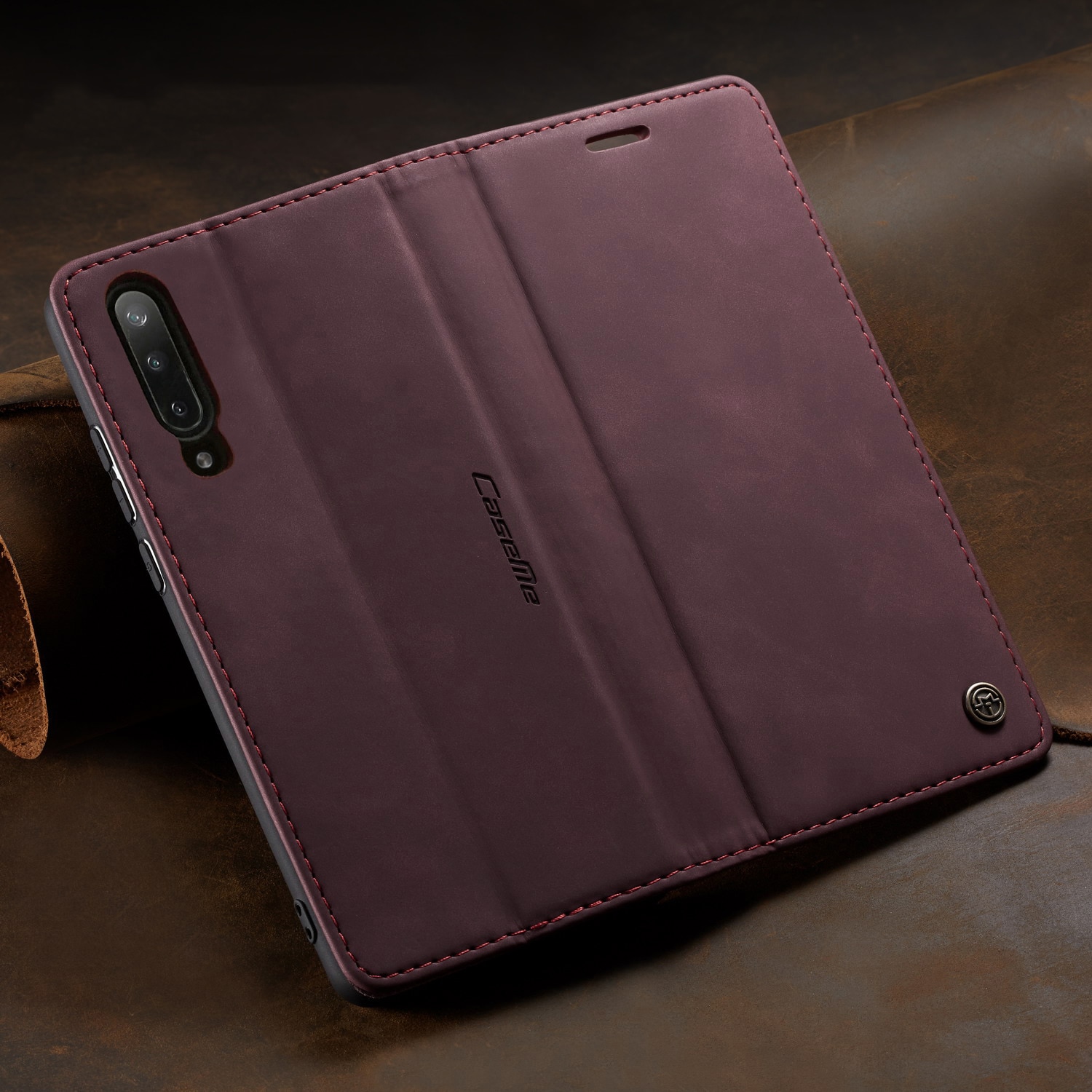 Husa slim piele, tip portofel, stand, inchidere magnetica, textura catifelata, pentru Samsung Galaxy A70, CaseMe, Visiniu