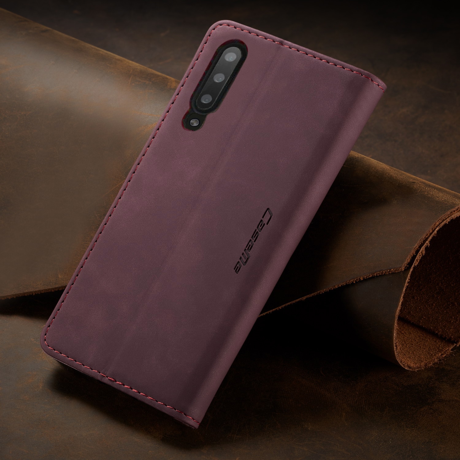 Husa slim piele, tip portofel, stand, inchidere magnetica, textura catifelata, pentru Samsung Galaxy A70, CaseMe, Visiniu
