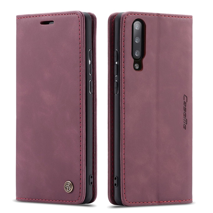 Husa slim piele, tip portofel, stand, inchidere magnetica, textura catifelata, pentru Samsung Galaxy A70, CaseMe, Visiniu