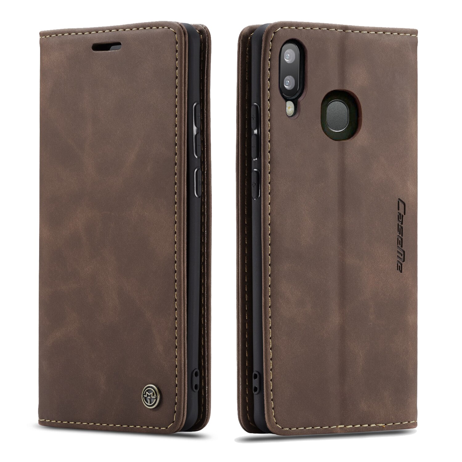 Husa slim piele, tip portofel, stand, inchidere magnetica, textura catifelata, Samsung Galaxy A30 / A20 - CaseMe, Maro coffee