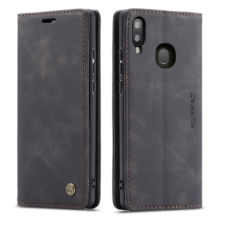 Husa slim piele, tip portofel, stand, inchidere magnetica, textura catifelata, pentru Samsung Galaxy A40, CaseMe, Negru